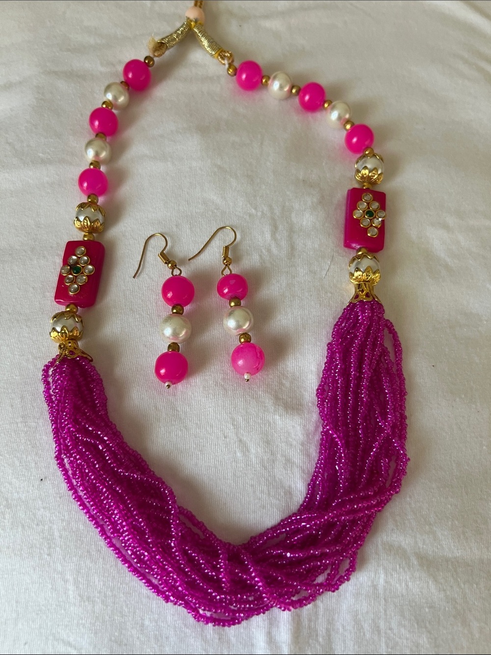 Handmade Hot Pink Beaded Necklace & Earring Set